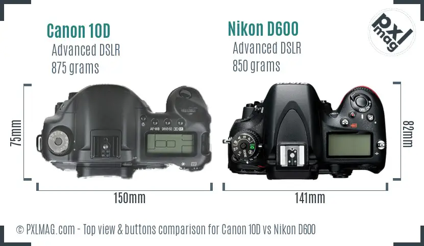 Canon 10D vs Nikon D600 top view buttons comparison