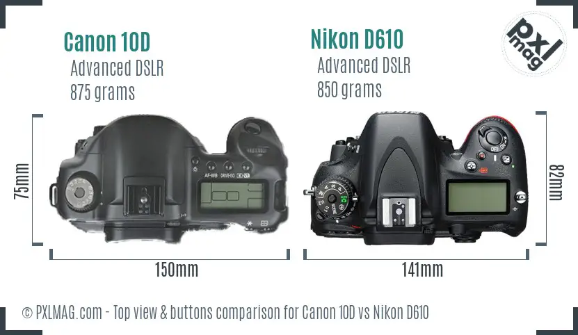 Canon 10D vs Nikon D610 top view buttons comparison Canon 10D vs Nikon D610 top view buttons comparison