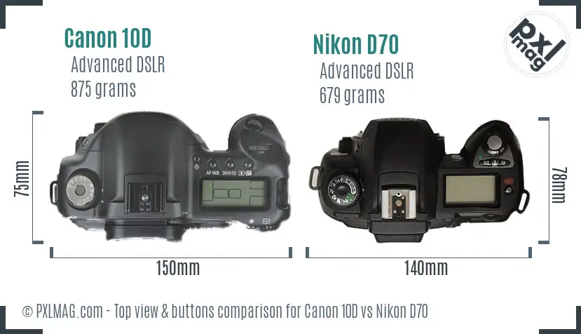 Canon 10D vs Nikon D70 top view buttons comparison