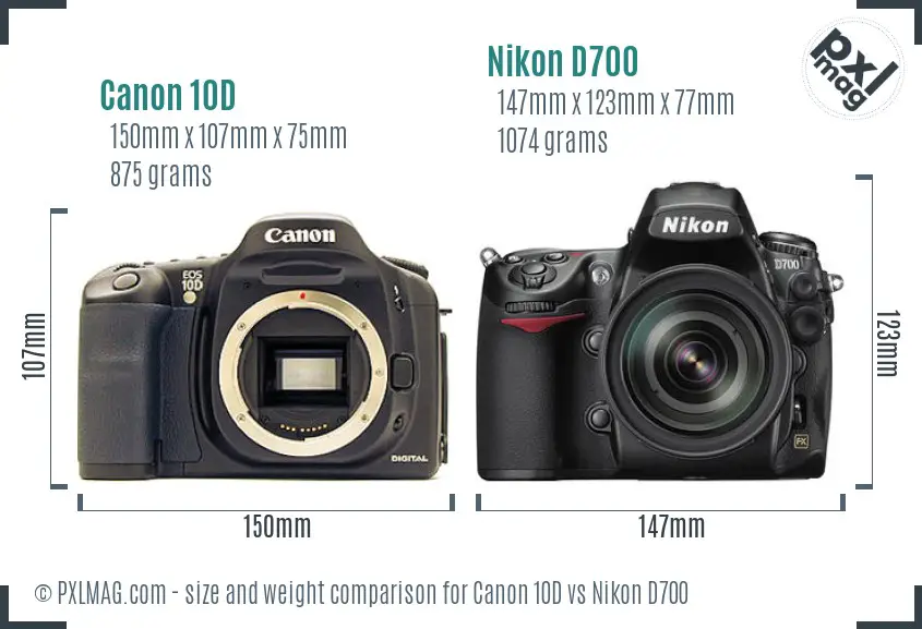 Canon 10D vs Nikon D700 size comparison