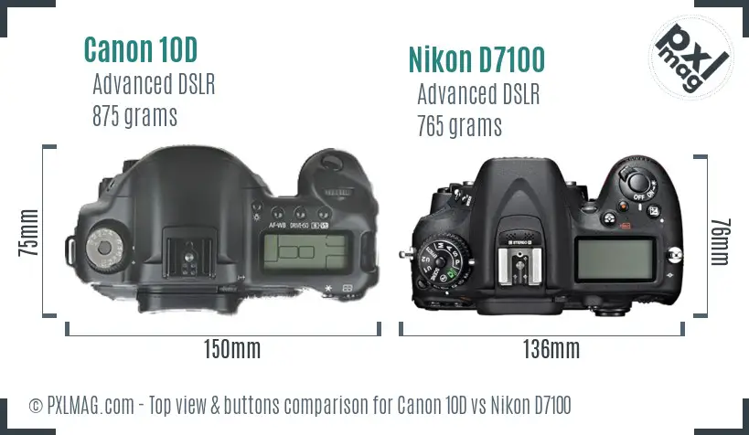 Canon 10D vs Nikon D7100 top view buttons comparison