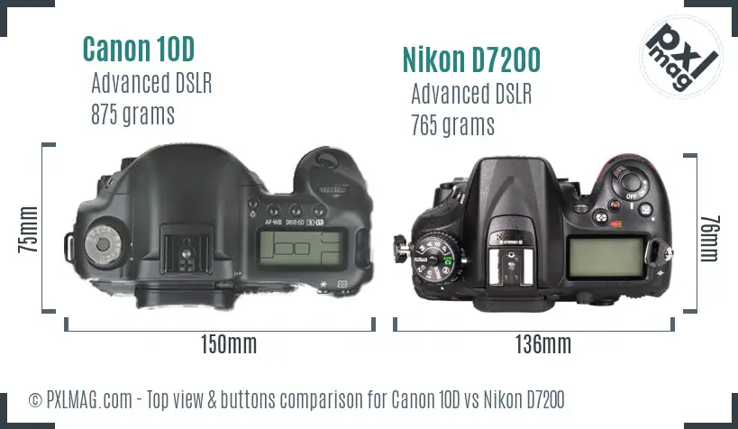 Canon 10D vs Nikon D7200 top view buttons comparison