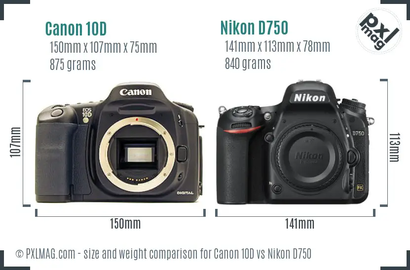 Canon 10D vs Nikon D750 size comparison