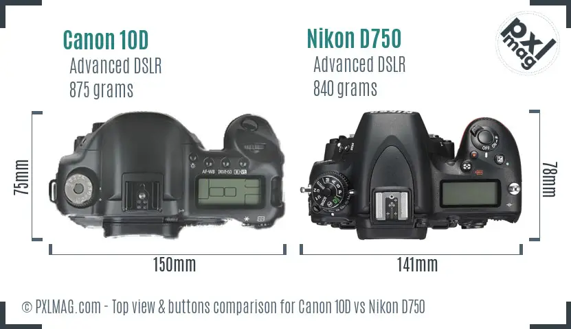 Canon 10D vs Nikon D750 top view buttons comparison