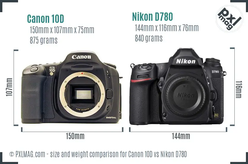 Canon 10D vs Nikon D780 size comparison