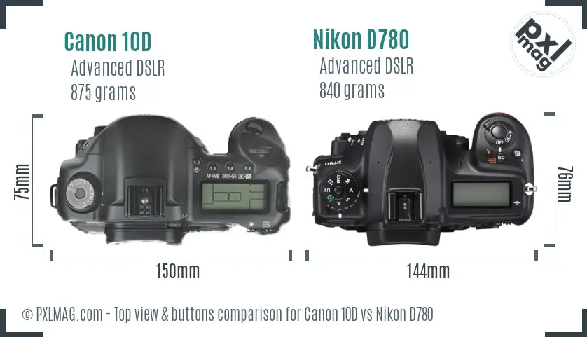 Canon 10D vs Nikon D780 top view buttons comparison
