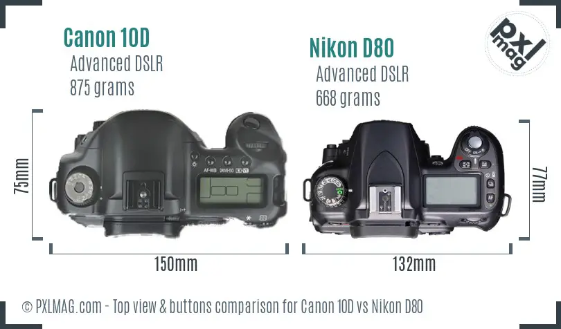 Canon 10D vs Nikon D80 top view buttons comparison