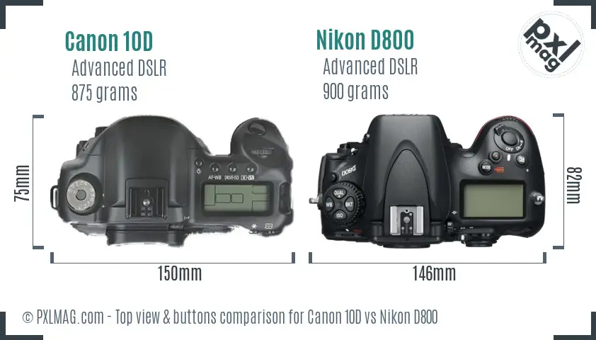 Canon 10D vs Nikon D800 top view buttons comparison