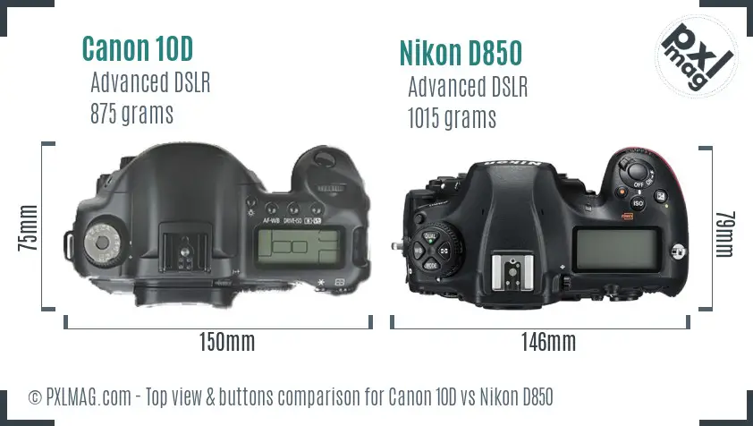 Canon 10D vs Nikon D850 top view buttons comparison