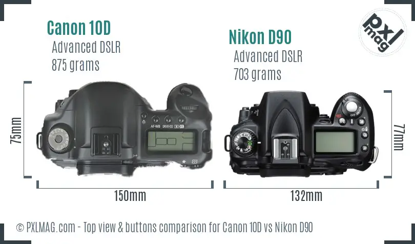 Canon 10D vs Nikon D90 top view buttons comparison