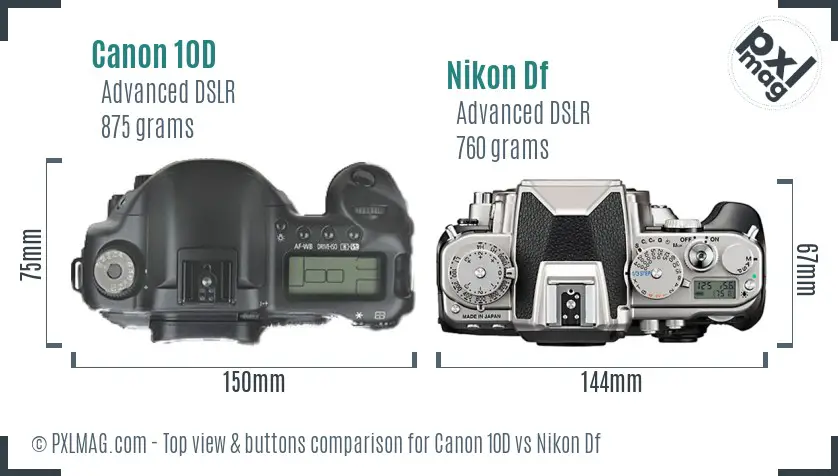 Canon 10D vs Nikon Df top view buttons comparison