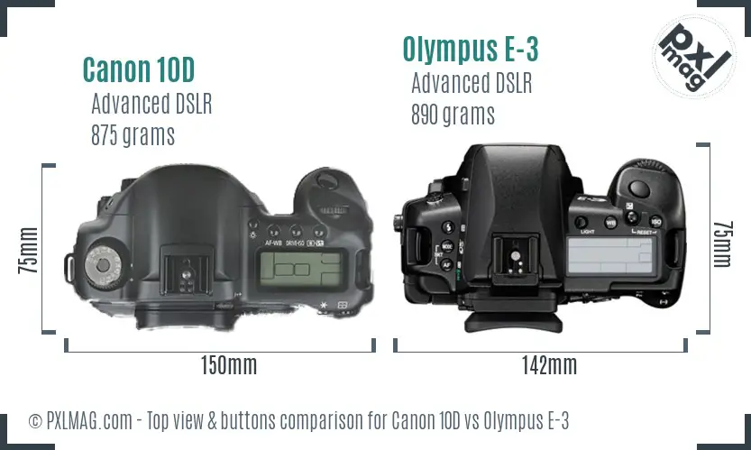 Canon 10D vs Olympus E-3 top view buttons comparison