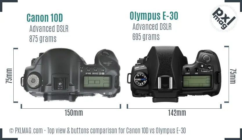 Canon 10D vs Olympus E-30 top view buttons comparison