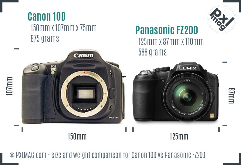 Canon 10D vs Panasonic FZ200 size comparison