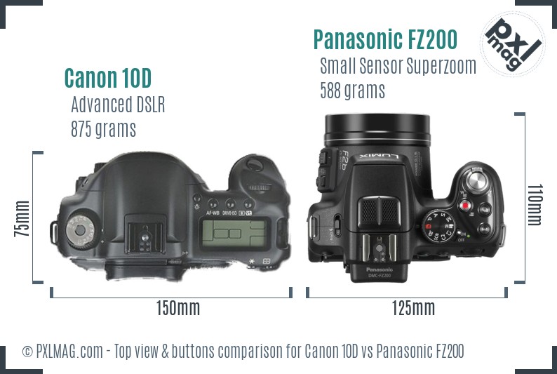 Canon 10D vs Panasonic FZ200 top view buttons comparison
