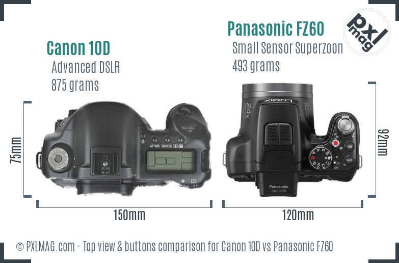 Canon 10D vs Panasonic FZ60 top view buttons comparison