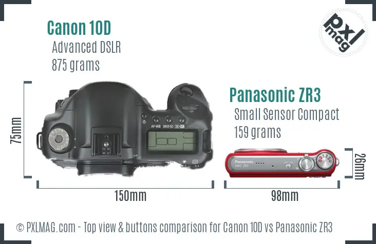 Canon 10D vs Panasonic ZR3 top view buttons comparison