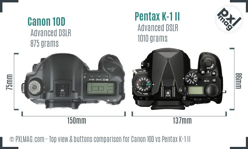 Canon 10D vs Pentax K-1 II top view buttons comparison