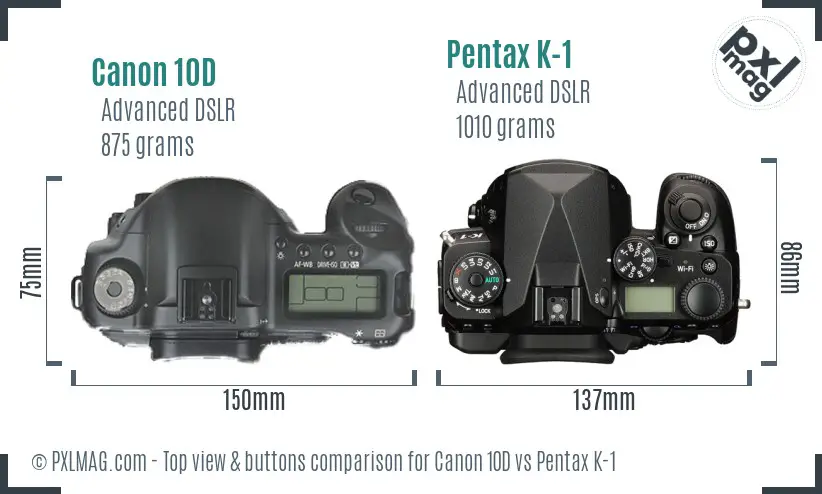 Canon 10D vs Pentax K-1 top view buttons comparison