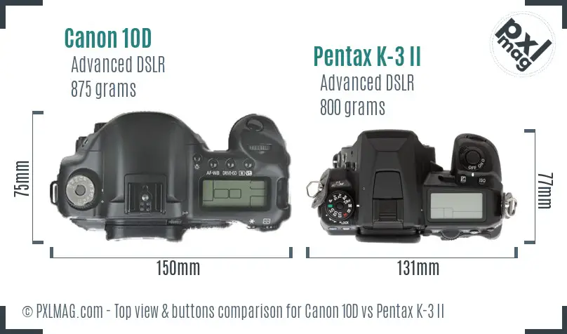 Canon 10D vs Pentax K-3 II top view buttons comparison