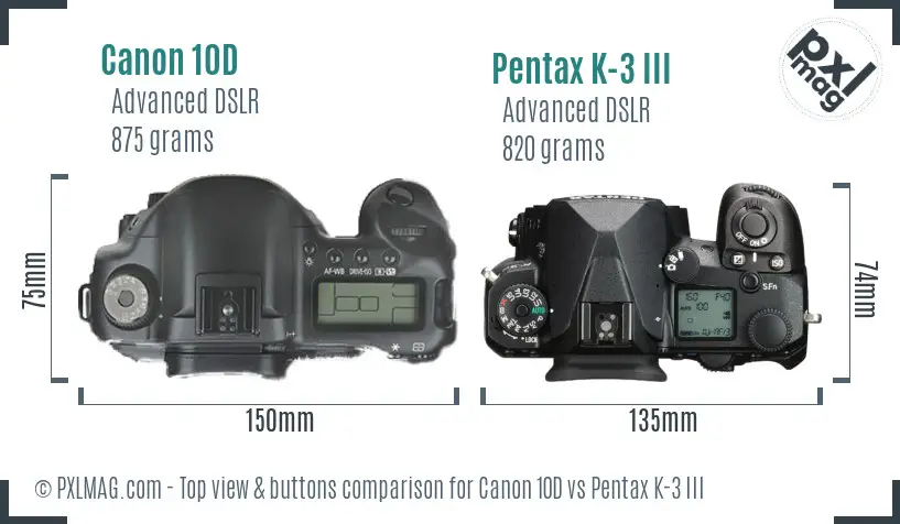 Canon 10D vs Pentax K-3 III top view buttons comparison