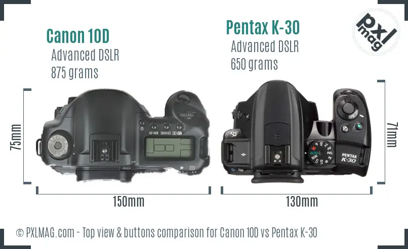 Canon 10D vs Pentax K-30 top view buttons comparison