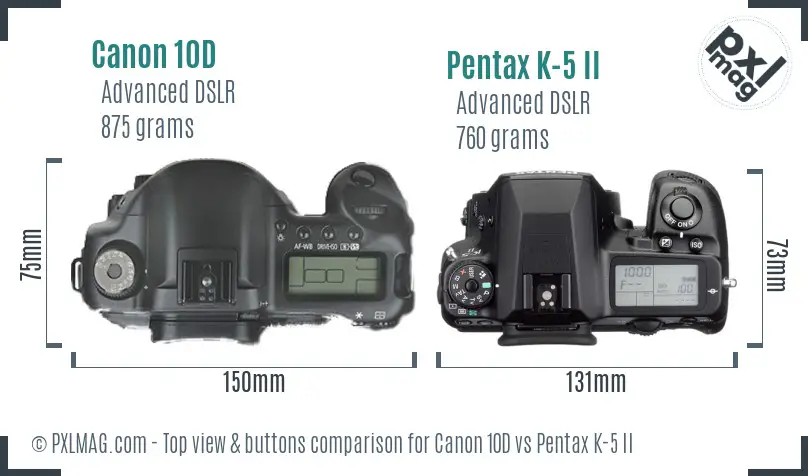Canon 10D vs Pentax K-5 II top view buttons comparison