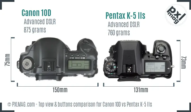 Canon 10D vs Pentax K-5 IIs top view buttons comparison