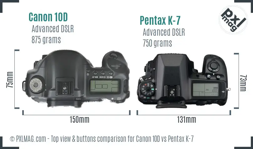 Canon 10D vs Pentax K-7 top view buttons comparison