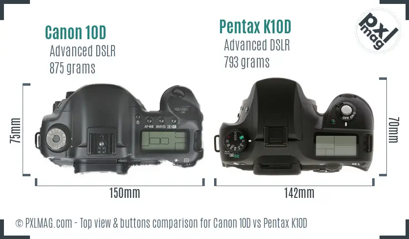Canon 10D vs Pentax K10D top view buttons comparison