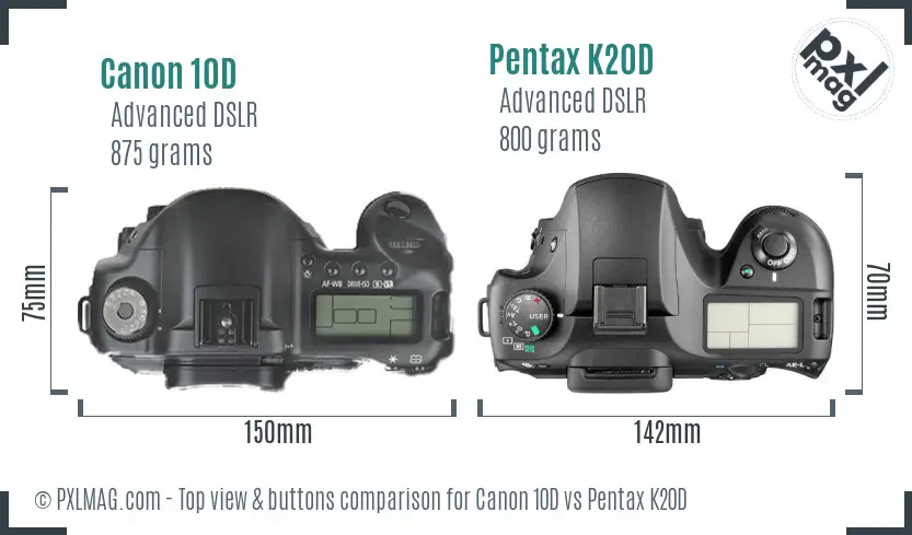 Canon 10D vs Pentax K20D top view buttons comparison