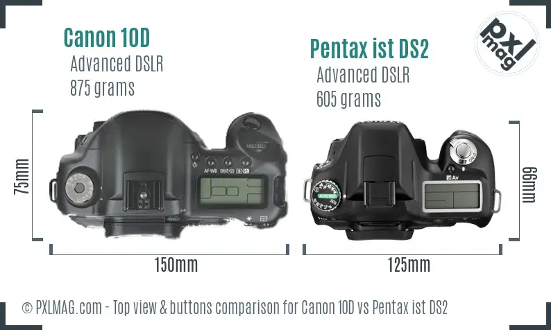 Canon 10D vs Pentax ist DS2 top view buttons comparison