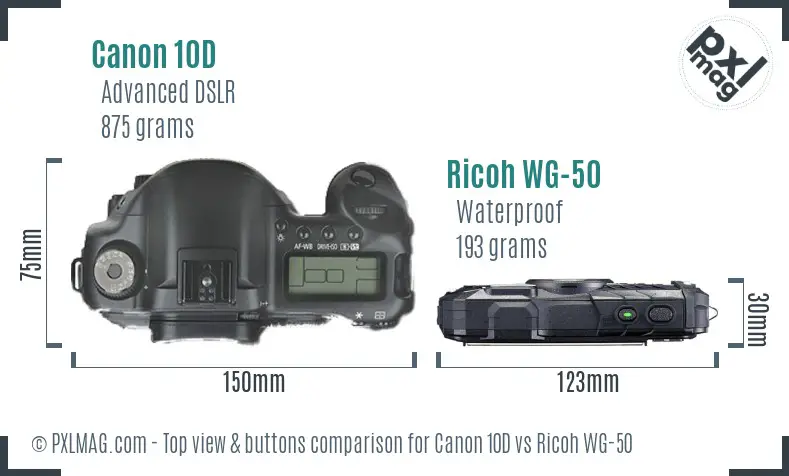 Canon 10D vs Ricoh WG-50 top view buttons comparison