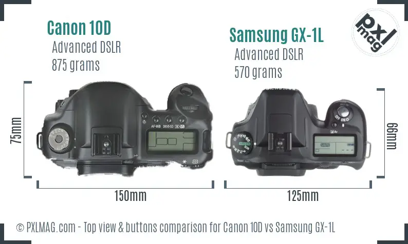 Canon 10D vs Samsung GX-1L top view buttons comparison