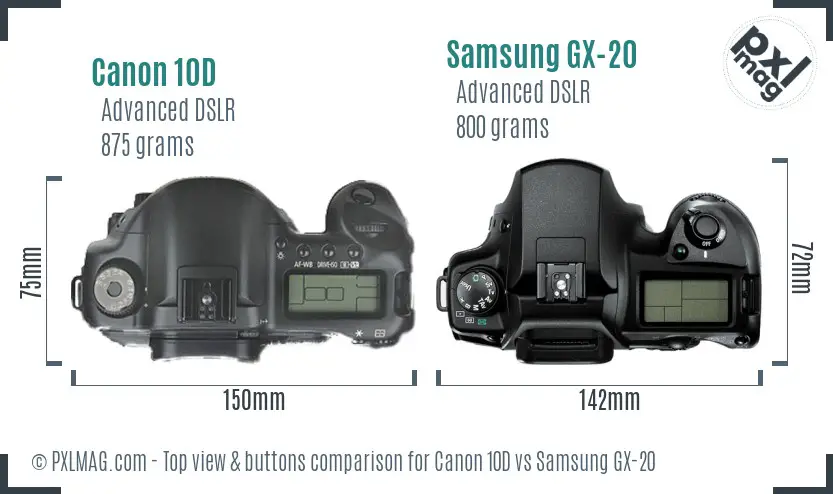 Canon 10D vs Samsung GX-20 top view buttons comparison