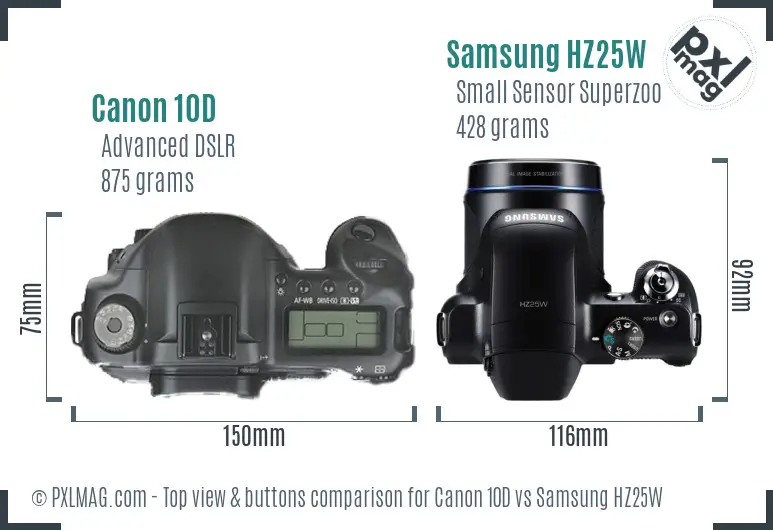 Canon 10D vs Samsung HZ25W top view buttons comparison