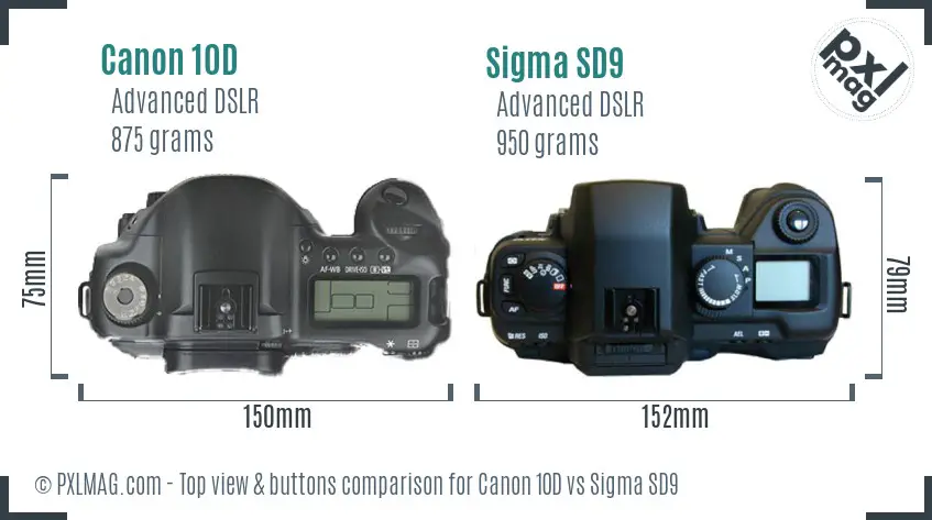 Canon 10D vs Sigma SD9 top view buttons comparison