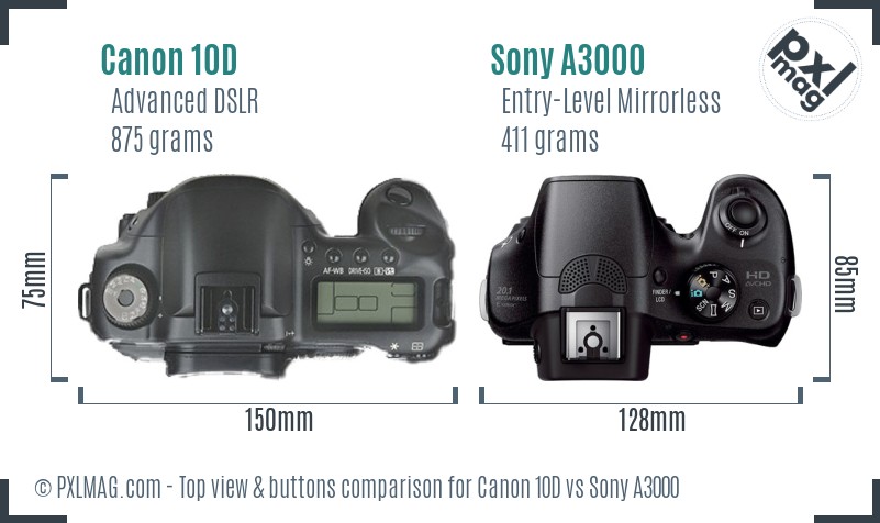 Canon 10D vs Sony A3000 top view buttons comparison