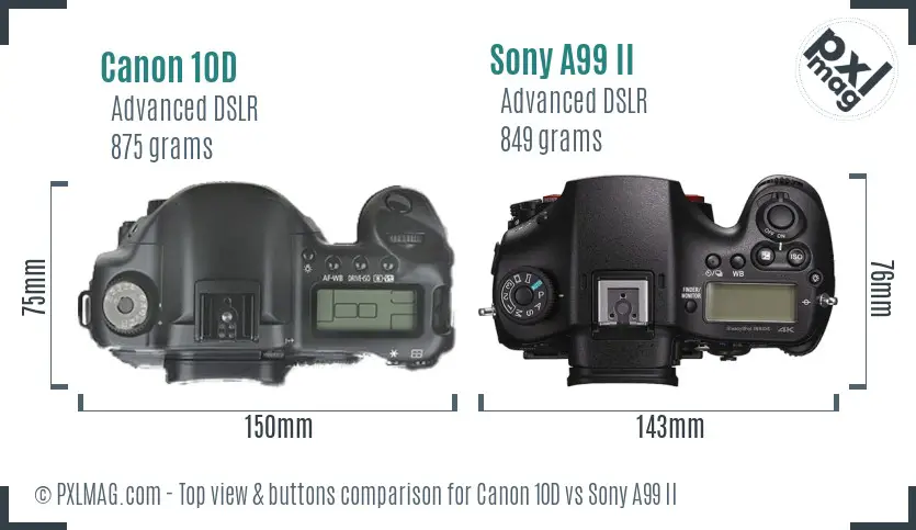 Canon 10D vs Sony A99 II top view buttons comparison