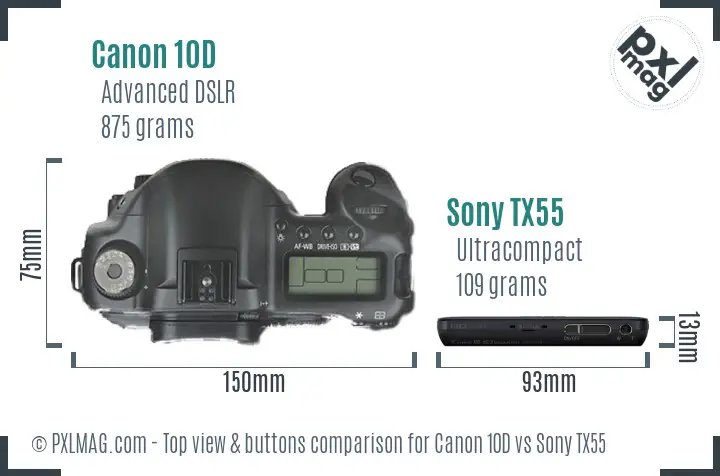 Canon 10D vs Sony TX55 top view buttons comparison