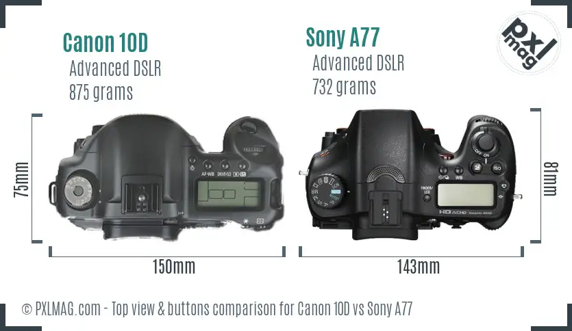Canon 10D vs Sony A77 top view buttons comparison