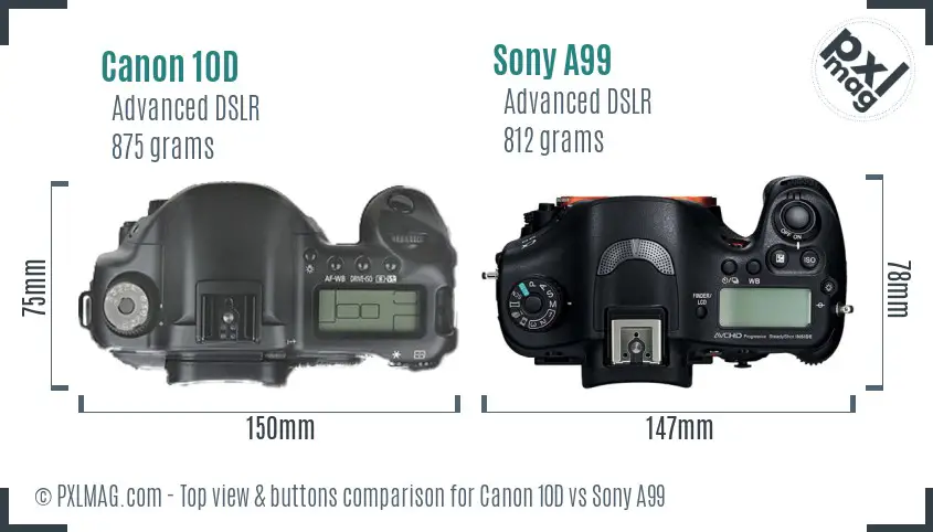 Canon 10D vs Sony A99 top view buttons comparison
