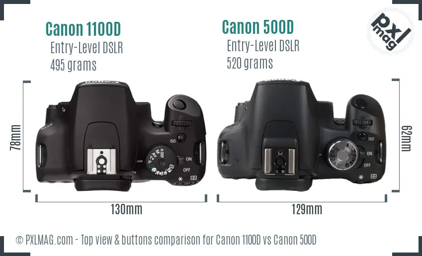 Canon 1100D vs Canon 500D top view buttons comparison