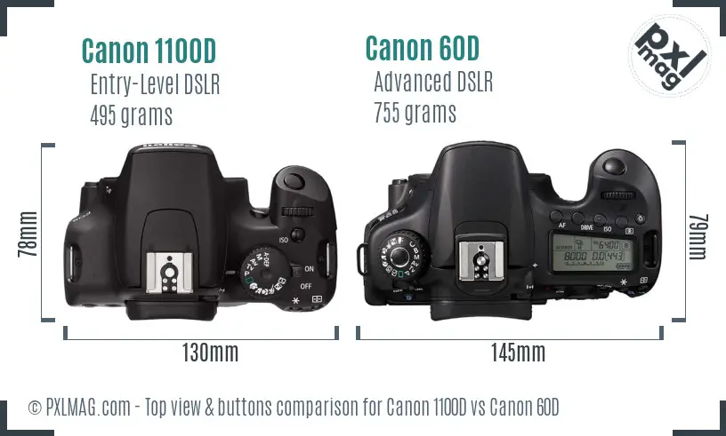 Canon 1100D vs Canon 60D top view buttons comparison