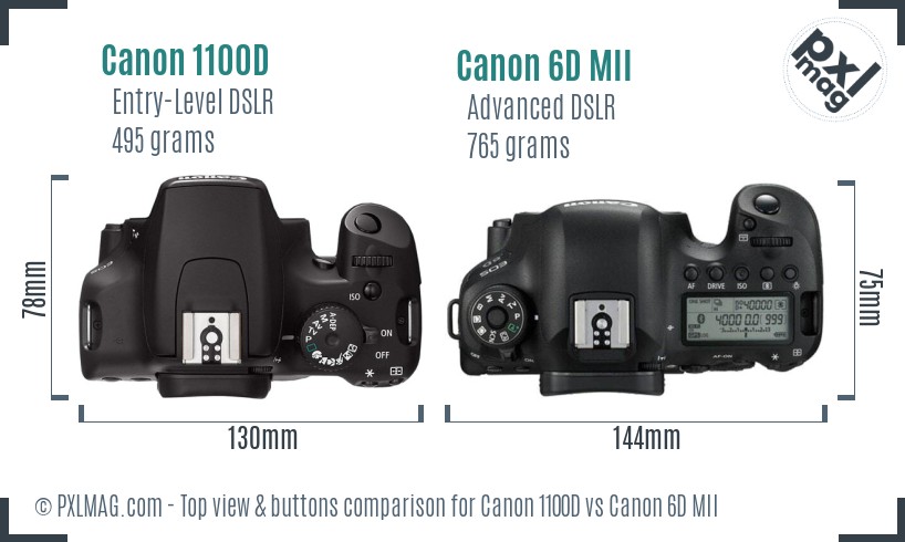 Canon 1100D vs Canon 6D MII top view buttons comparison