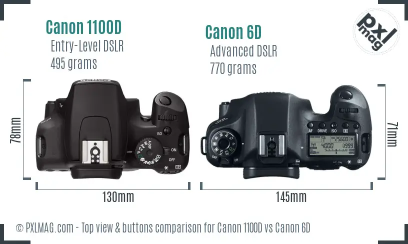 Canon 1100D vs Canon 6D top view buttons comparison