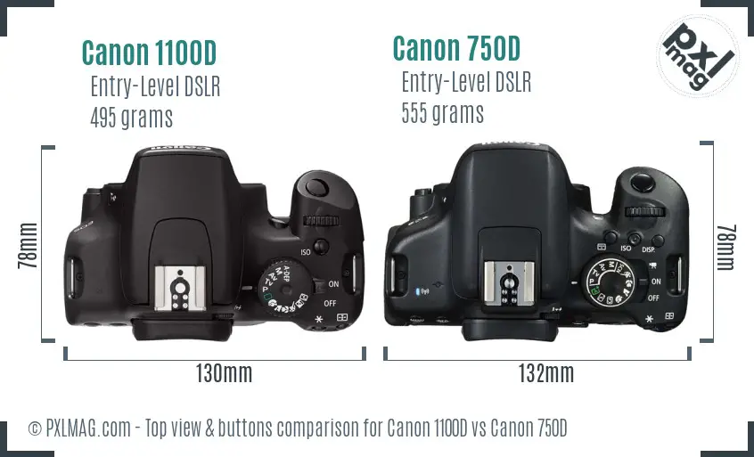 Canon 1100D vs Canon 750D top view buttons comparison