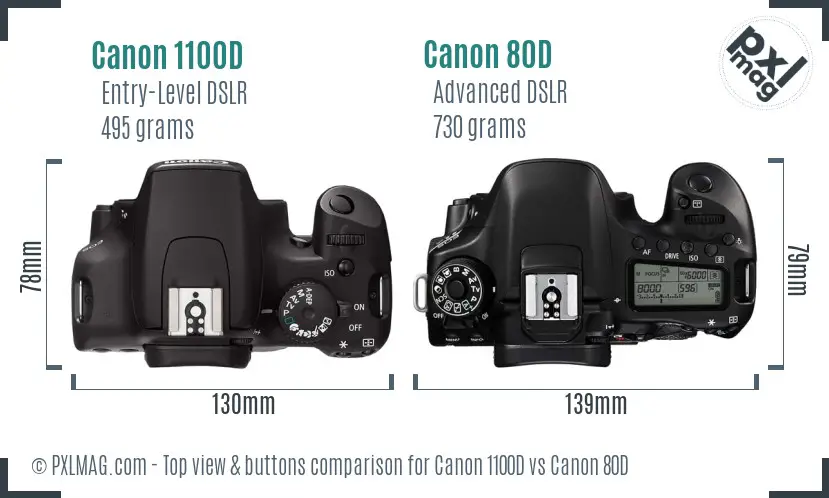 Canon 1100D vs Canon 80D top view buttons comparison