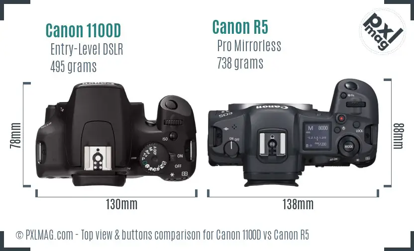 Canon 1100D vs Canon R5 top view buttons comparison Canon 1100D vs Canon R5 top view buttons comparison