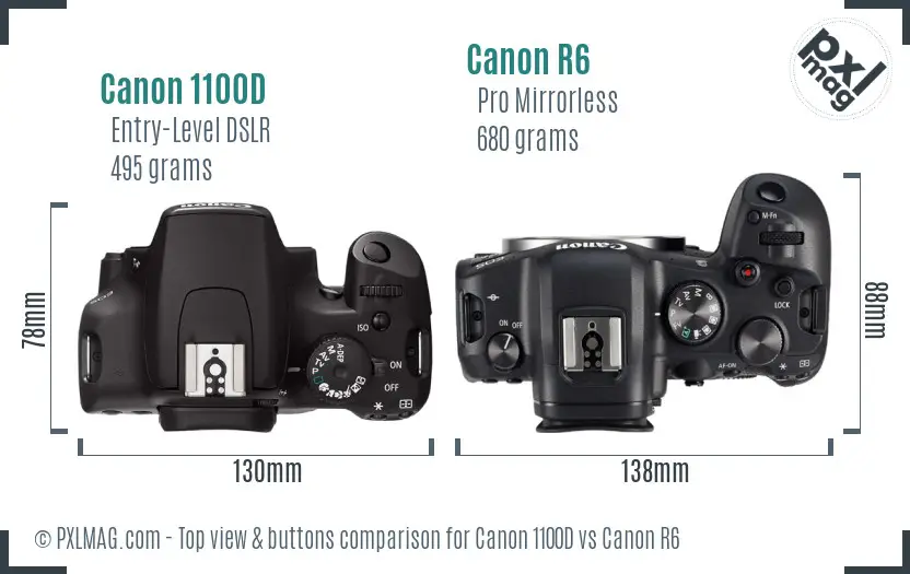 Canon 1100D vs Canon R6 top view buttons comparison